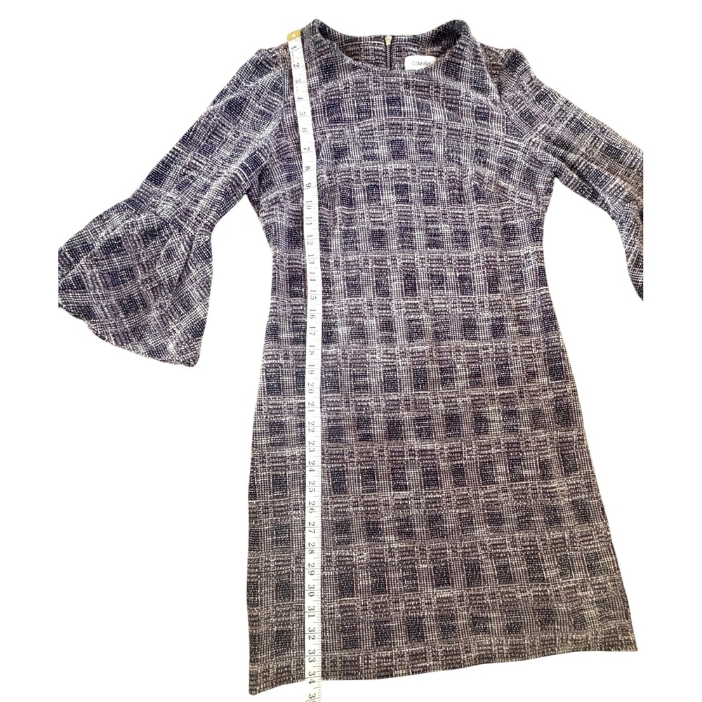 Calvin Klein Dress Women 8 Black White Plaid EUC Bell Sleeve Back Zip CD8PB86L - Picture 7 of 9